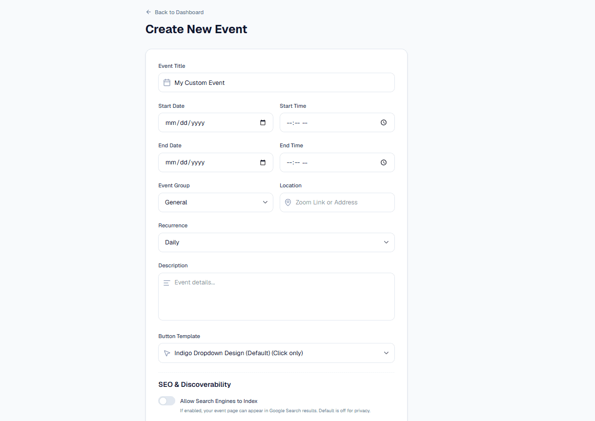 Invitly product screenshot: the event builder with fields for title, date, time, recurrence, location, SEO indexing, and button template.