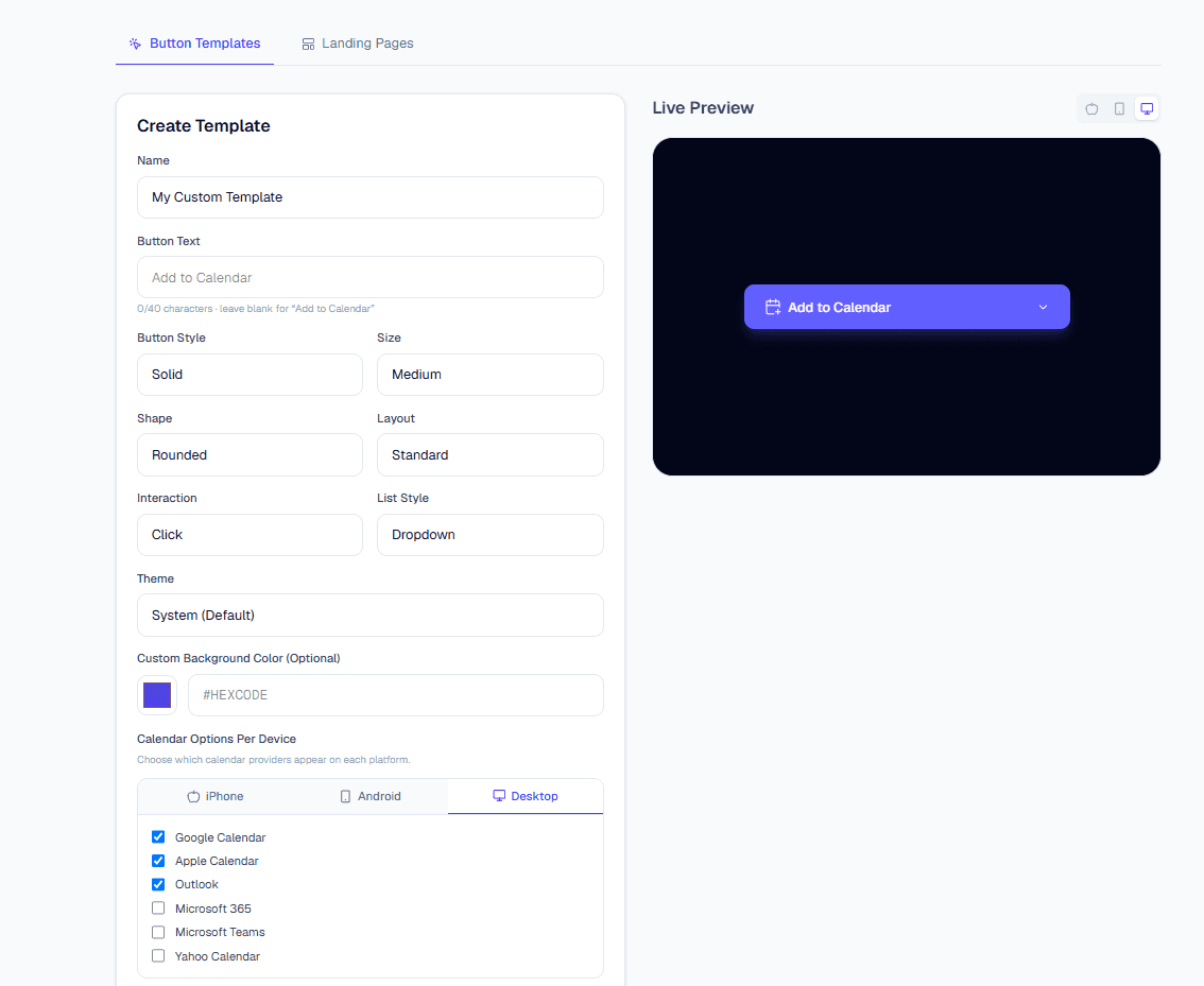 Invitly product screenshot: the button template builder showing a live Add to Calendar button preview with style and provider controls.